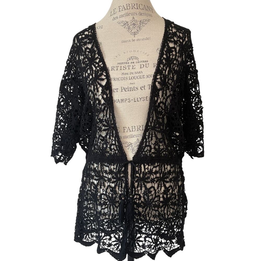 Summer Beach Cover-up Crochet Black Knit Floral Tie Waste Tunic Top Size S